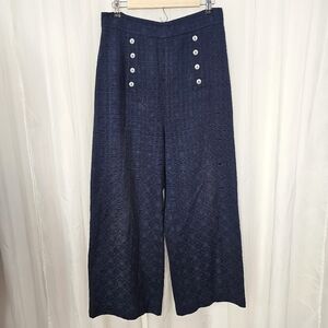 Marianne Novobatzky Textured Navy Blue High Waist Wide-Leg Pants Anchor Buttons